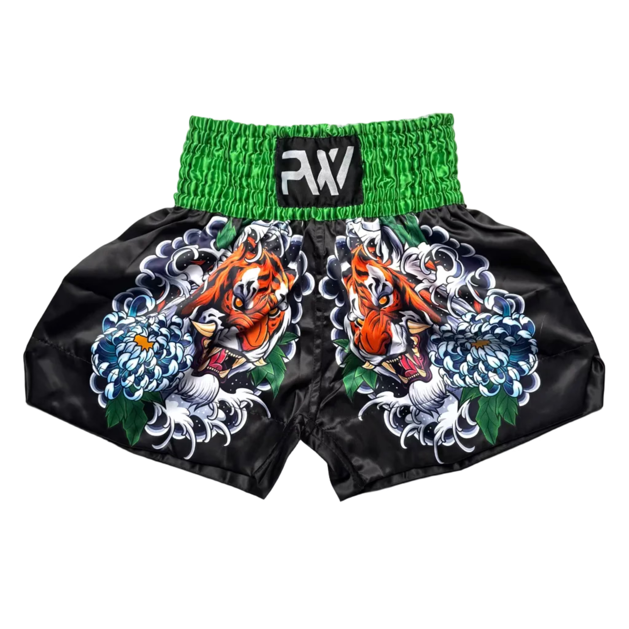 Thaibox Shorts in Tiger von PittsWear, aus strapazierfähigem und atmungsaktivem Material mit elastischem Bund und verstellbarem Kordelzug