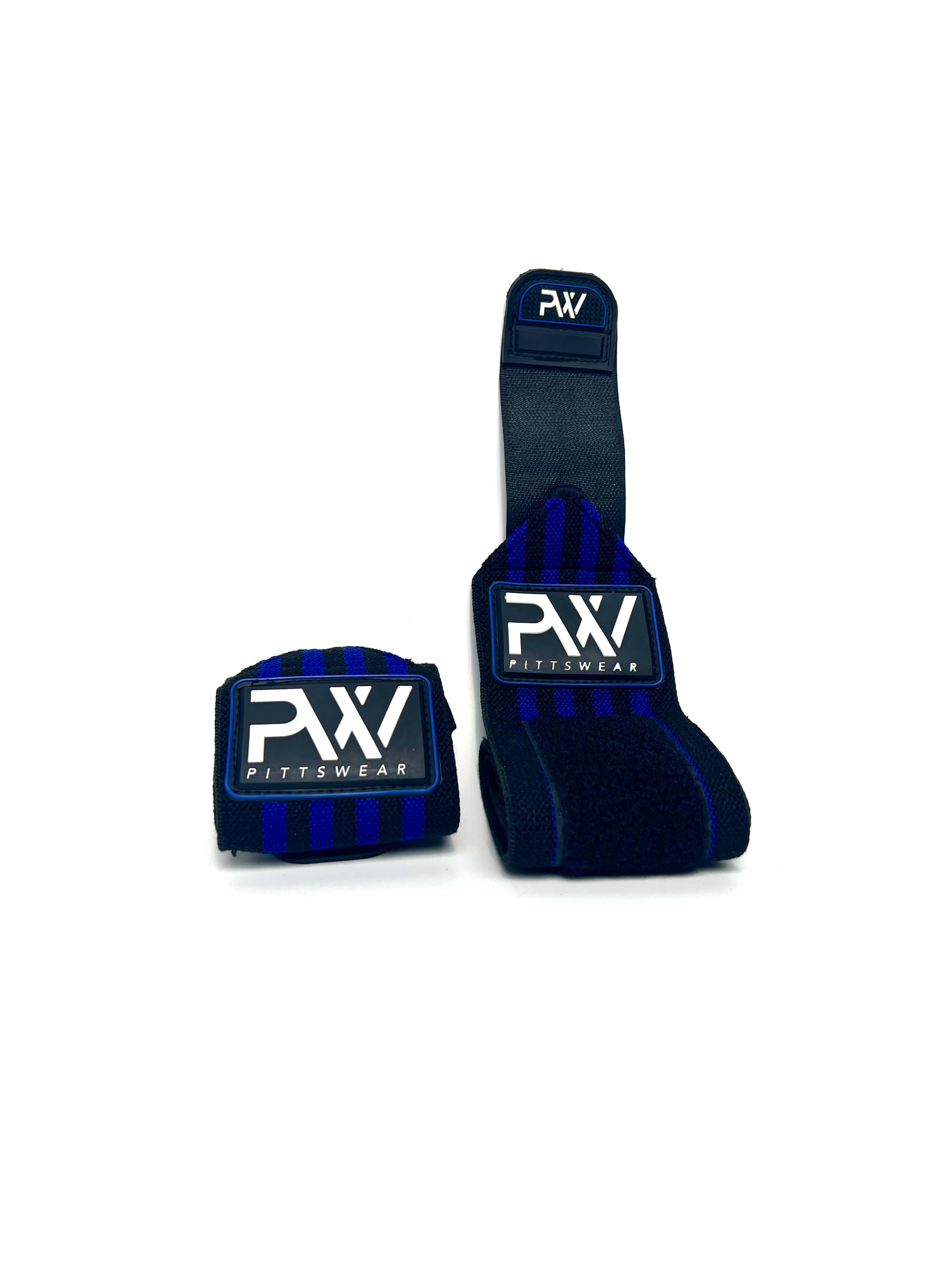 PittsWear Sport-Handgelenksbandagen in Schwarz und Blau, Paaransicht mit Logo