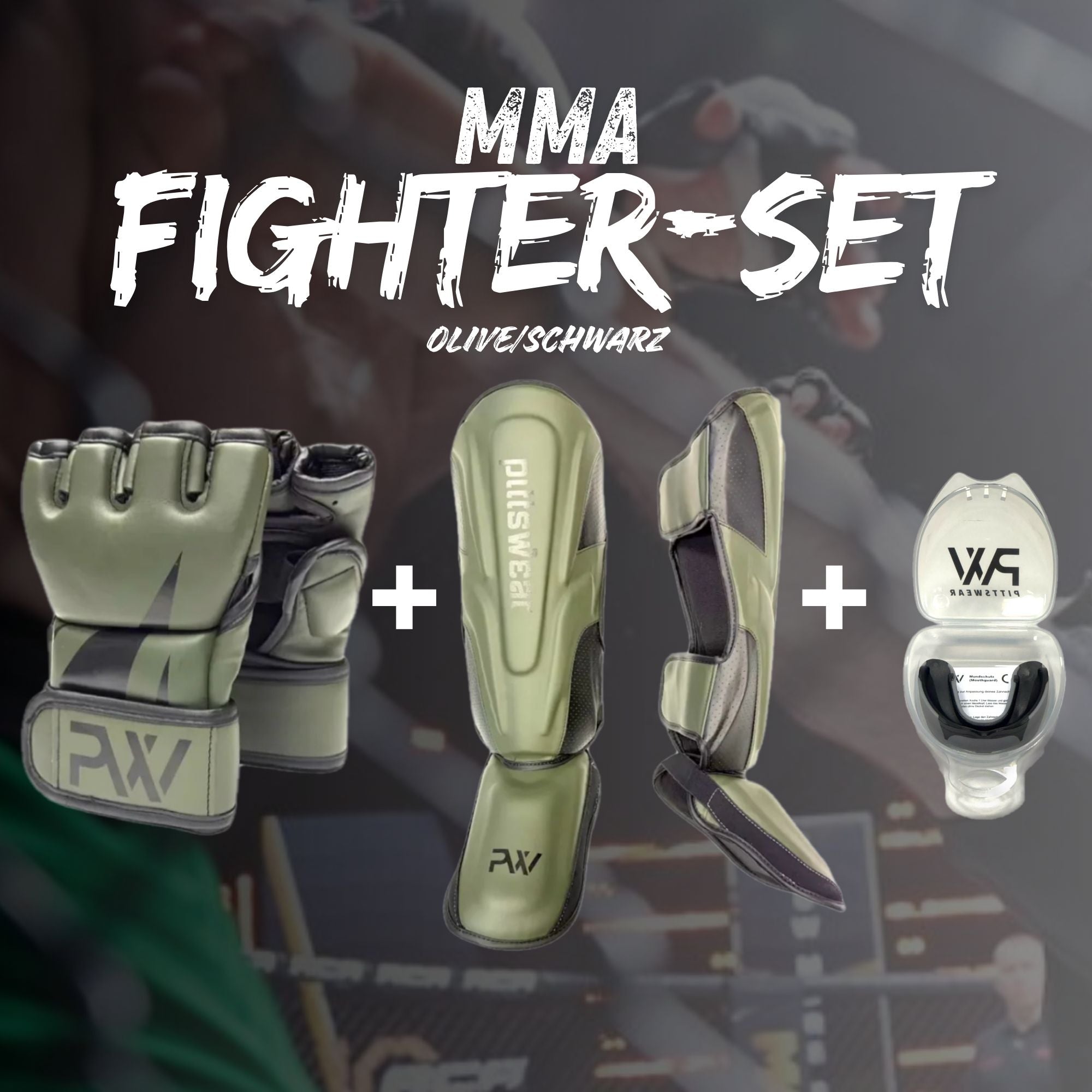 MMA Fighter Set bestehend aus MMA Handschuhen, Schienbeinschoner und Mundschutz