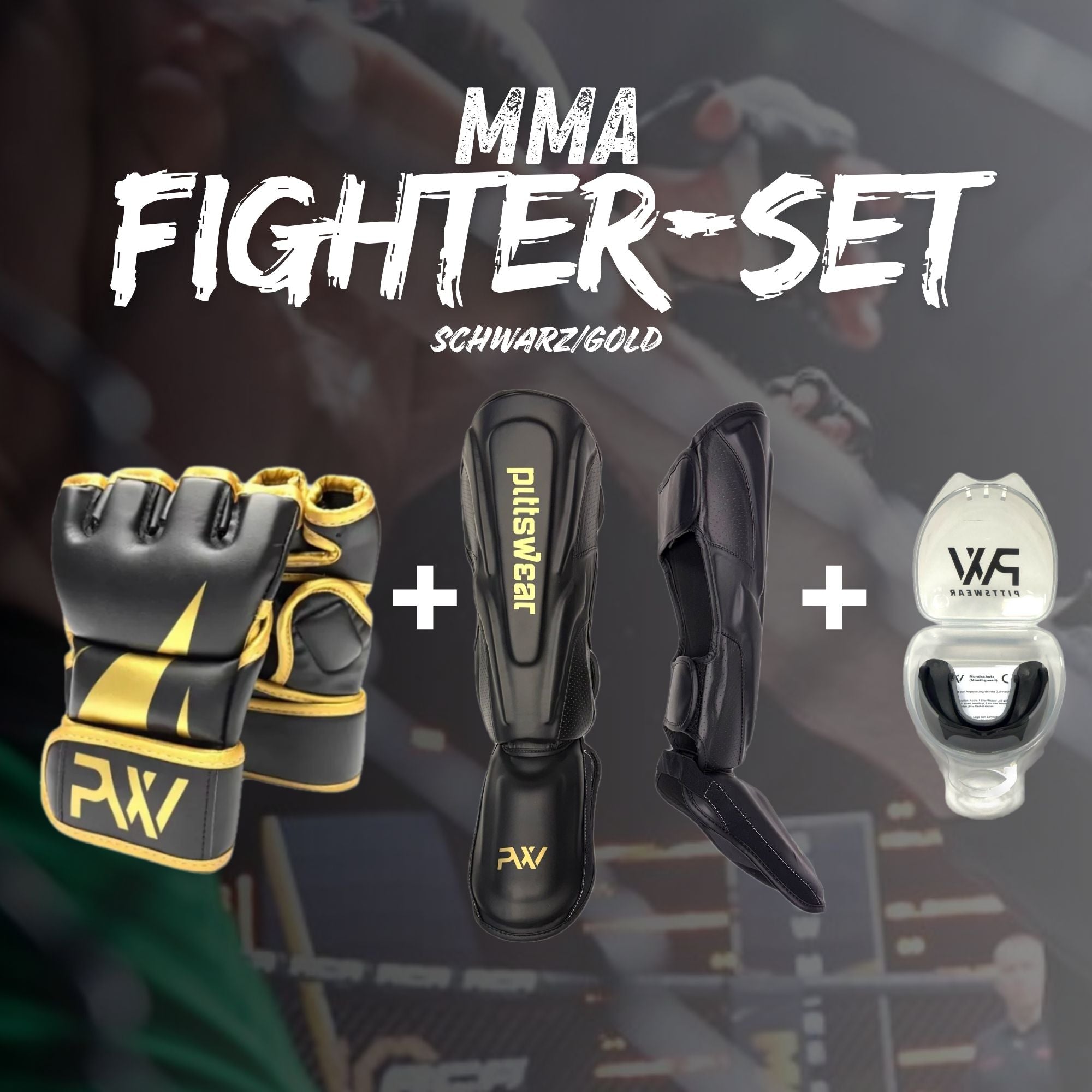 MMA Fighter Set bestehend aus MMA Handschuhen, Schienbeinschoner und Mundschutz
