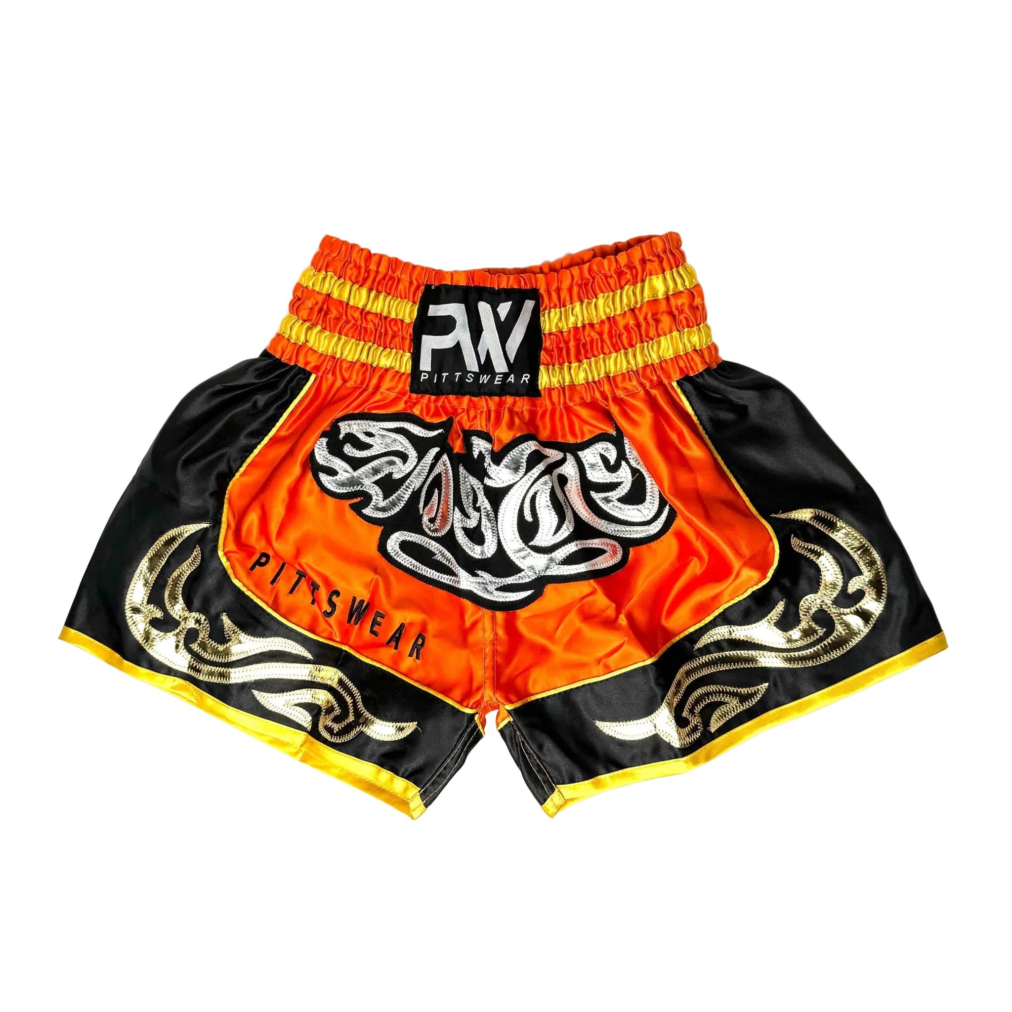 Thaibox Shorts in Orange/Schwarz von PittsWear, aus strapazierfähigem und atmungsaktivem Material mit elastischem Bund und verstellbarem Kordelzug